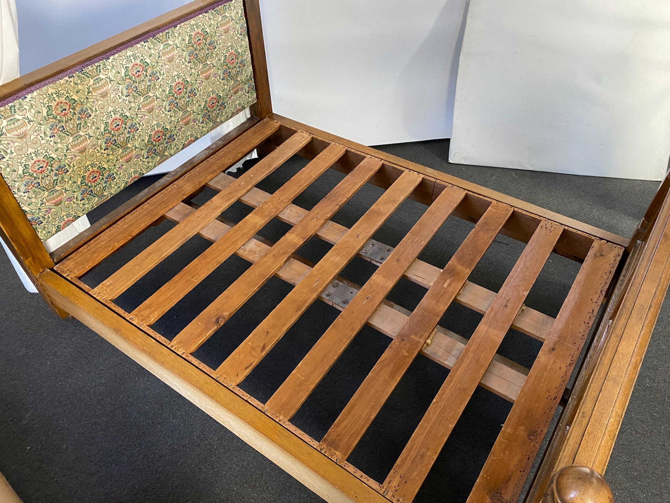 Charles Bevan probably for Marsh & Jones, Leeds. An Arts & Crafts pollard oak and marquetry half tester bed, width 156cm length 213cm height 226cm